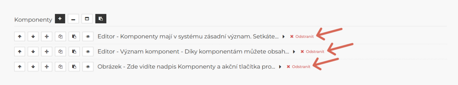 Zde vidíte označený odkaz pro odstranění komponenty z obsahu.