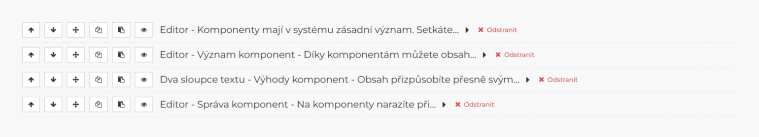 Zde vidíte seznam jednotlivých komponent přidaných v rámci obsahu.