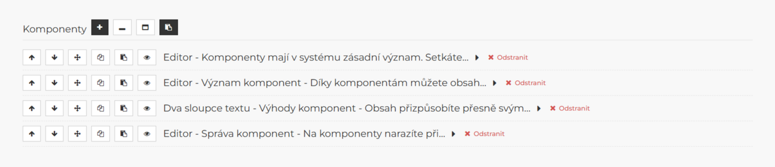 Zde vidíte nadpis Komponenty a akční tlačítka pro správu vpravo od nadpisu.